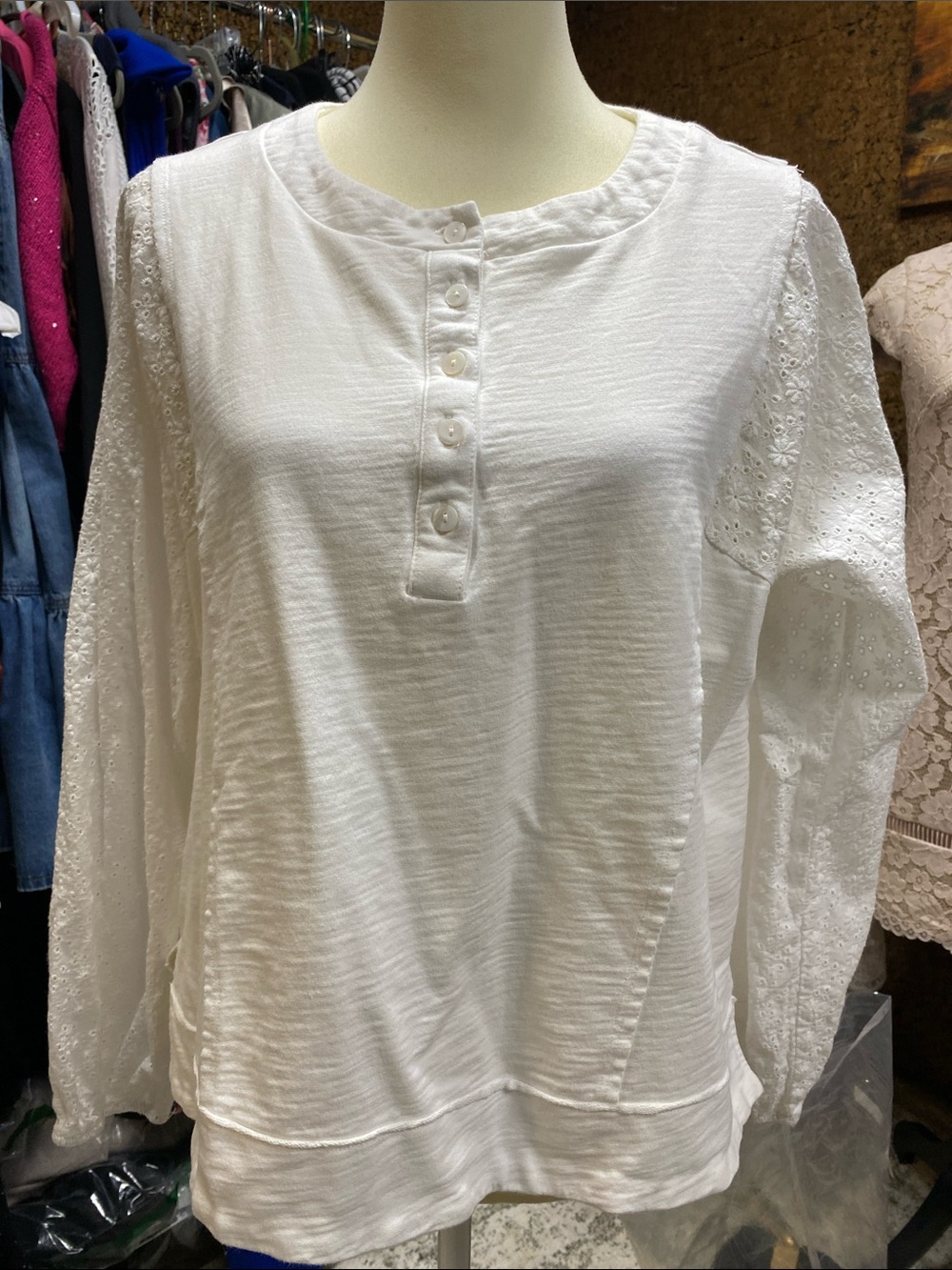 Hem & Thread White Eyelet Sleeve Button-Front Long Sleeve Top